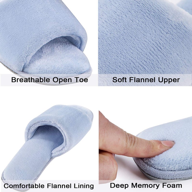 DL Open Toe Slippers for women Indoor, Cozy Memory Foam Womens House Slippers Summer Slip On, Comfy Soft Flannel Womens Bedroom Slippers Slide Breathable Size 7-8 Blue - Image 2